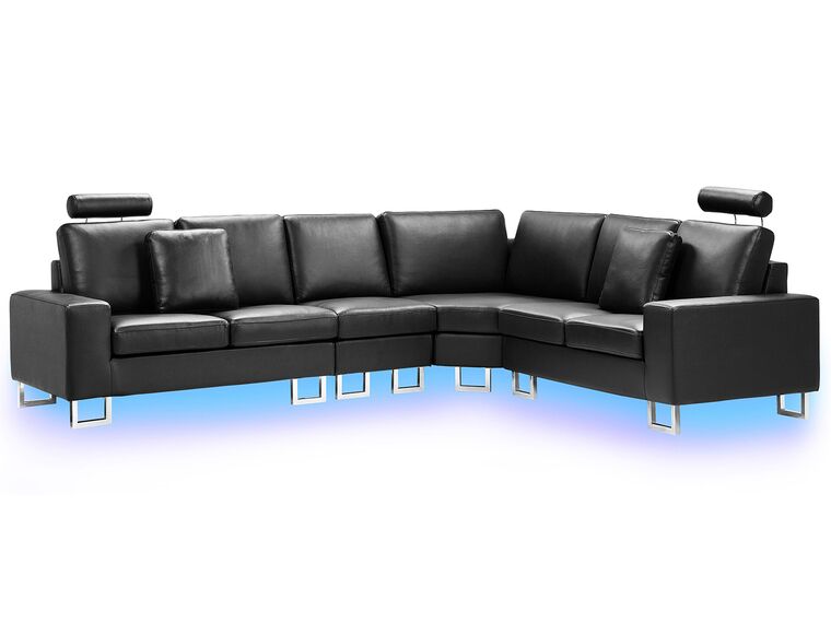 Canapé angle à gauche en cuir noir 6 places avec LED STOCKOLM_767443