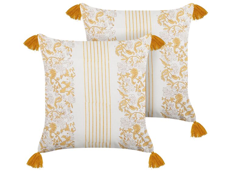 Conjunto de 2 almofadas decorativas com padrão de flores em algodão amarelo e branco 45 x 45 cm BILOBA_838602