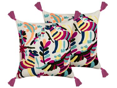 Set of 2 Embroidered Cotton Cushions Animal Motif 50 x 50 cm Multicolour RAIGANJ