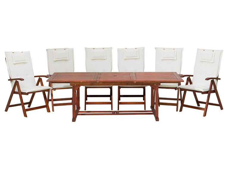 Zahradní souprava, dřevěný stůl a 6 židlí s bílými polštáři TOSCANA_786069