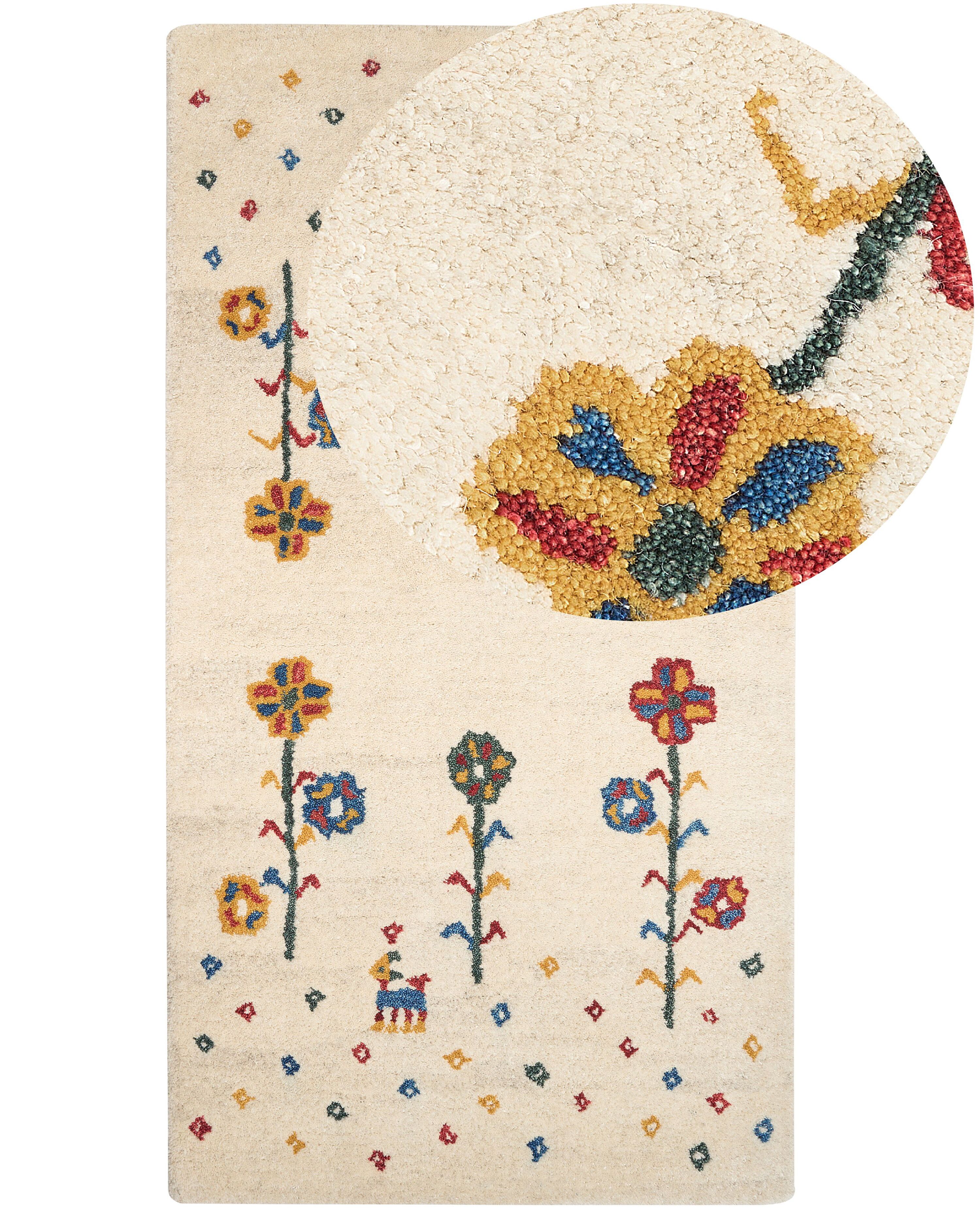 Wool Gabbeh Area Rug with Floral Pattern 80 x 150 cm Beige HUSUNLU ...