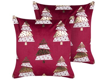 Set of 2 Velvet Cushions Christmas Tree Pattern 45 x 45 cm Red GOLDSPRUCE