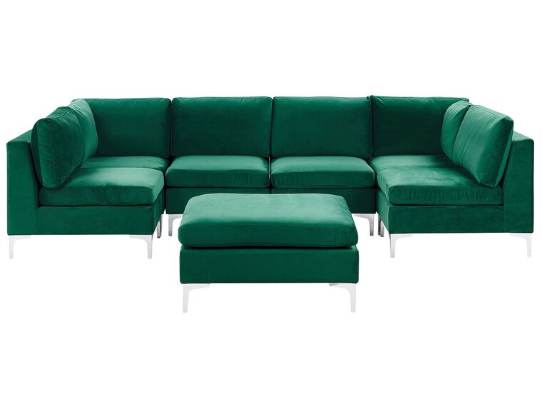 Sofá em formato de U com 6 lugares em veludo verde e repousa-pés EVJA_789518