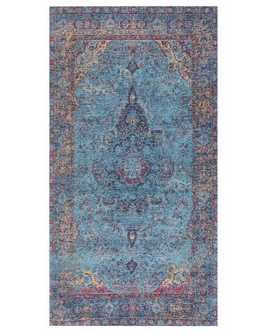 Teppich Baumwolle blau 80 x 150 cm orientalisches Muster Kurzflor KANSU