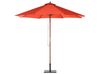 6-sitsig trädgårdsmatgrupp med parasoll akaciaträ röd AMANTEA_880155
