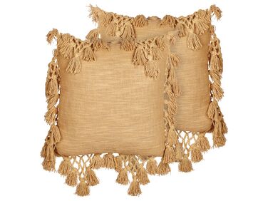 Set of 2 Cotton Cushions with Tassels 45 x 45 cm Sand Beige OLEARIA
