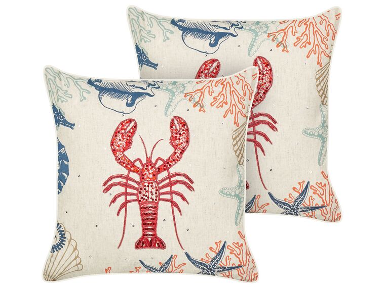 Set of 2 Linen Cushions Lobster Motif 45 x 45 cm Beige KELP_893088