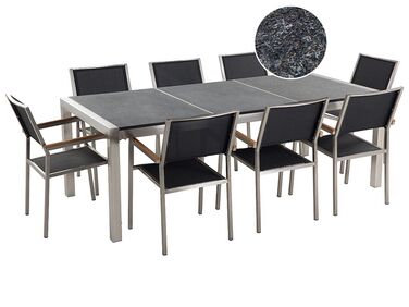 Table de jardin acier inox plateau granit triple noir flambé 220 cm avec 8 chaises en textile noir GROSSETO