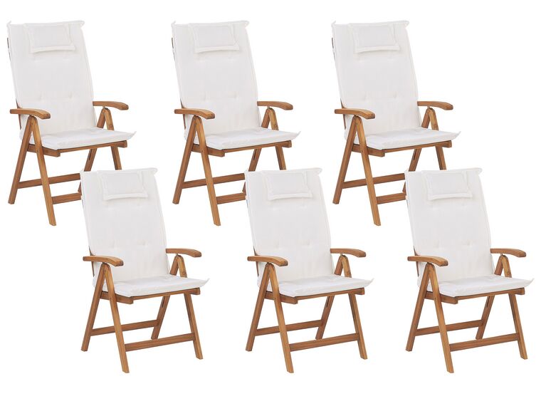 Set of 6 Acacia Wood Garden Folding Chairs with Off-White Cushions JAVA_788099