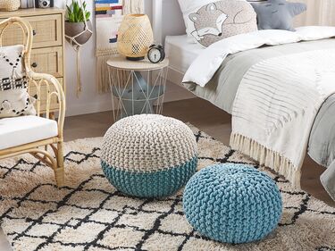 Cotton Knitted Pouffe 50 x 35 cm Beige and Blue CONRAD 