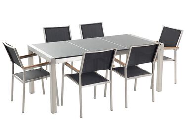 Hatszemélyes szürke gránit étkezőasztal fekete textilén székekkel GROSSETO