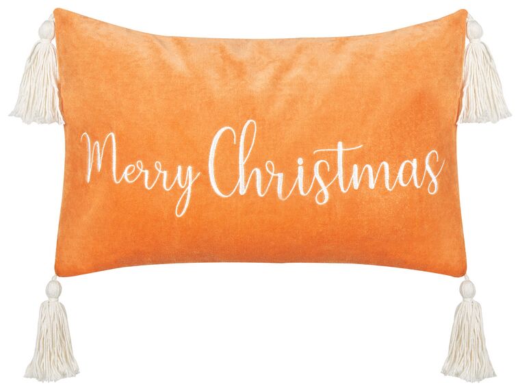 Coussin en velours orange à inscription de Noël avec pompons 30 x 50 cm LITHOPS_887913