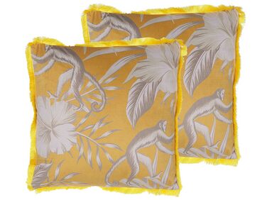 Set of 2 Fringed Cushions Monkey Print 45 x 45 cm Yellow MANJU