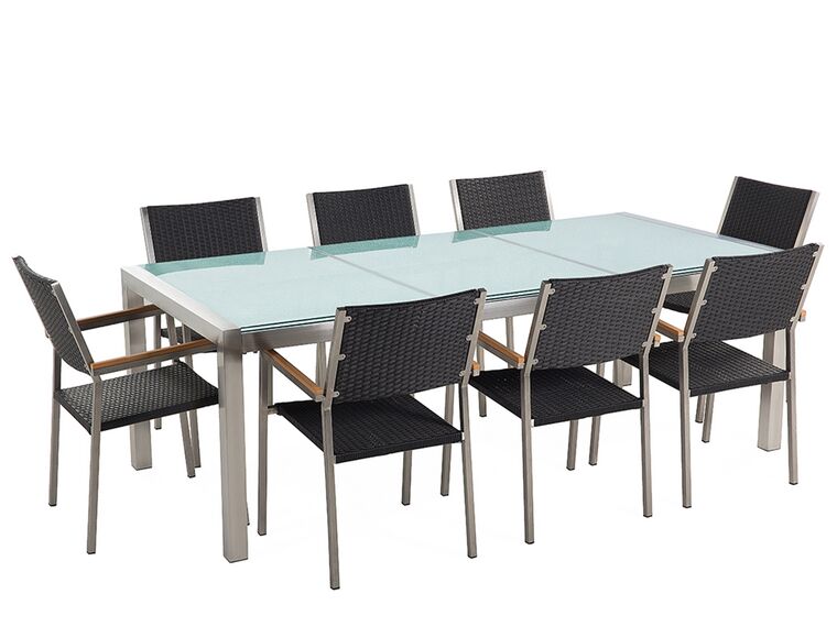 Set tavolo e sedie da giardino in vetro temperato bianco e rattan tavolo 220 con 8 sedie GROSSETO_677309