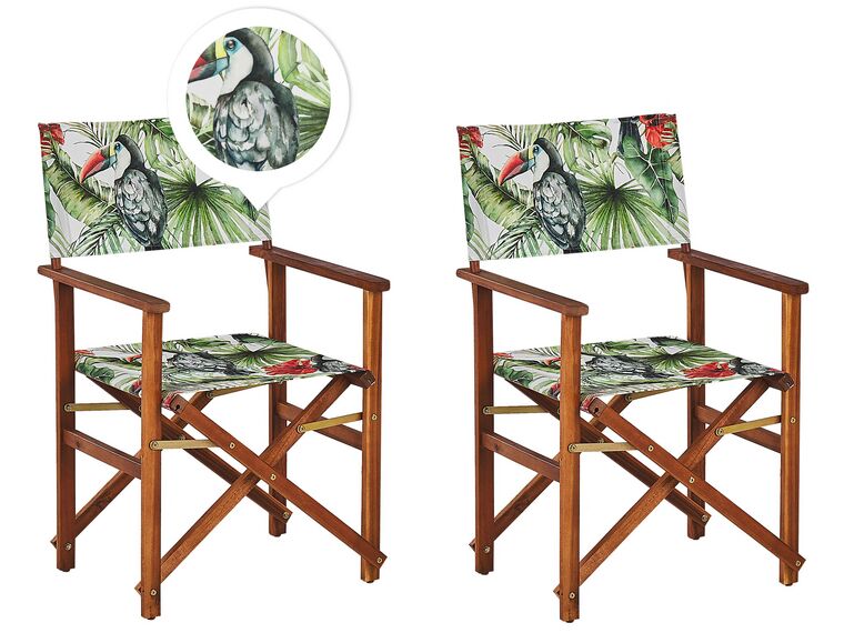Conjunto de cadeiras de jardim madeira escura e 2 lonas creme e padrão tucano CINE_819223