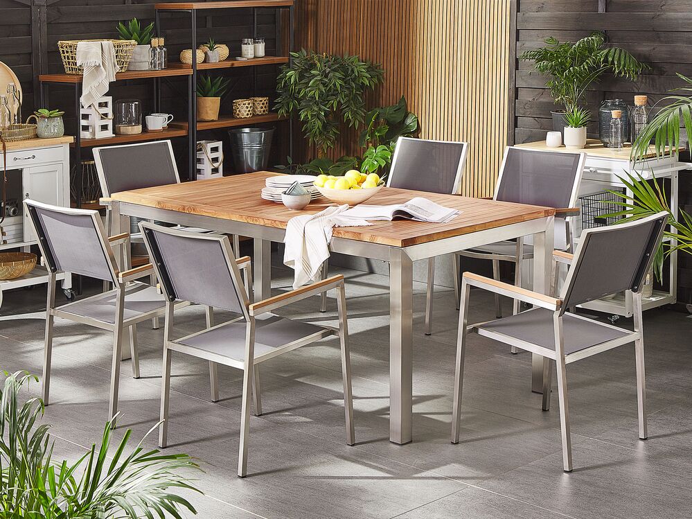 Tuinset teakhout 180 x 90 cm met 6 stoelen grijs GROSSETO Gratis Levering