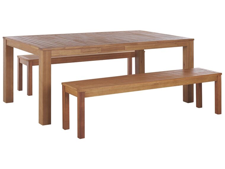 Conjunto de jardín mesa y 2 bancos madera clara MONSANO_812776