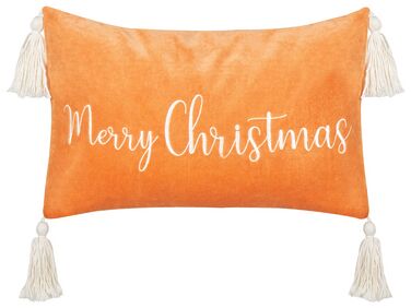 Coussin en velours orange à inscription de Noël avec pompons 30 x 50 cm LITHOPS