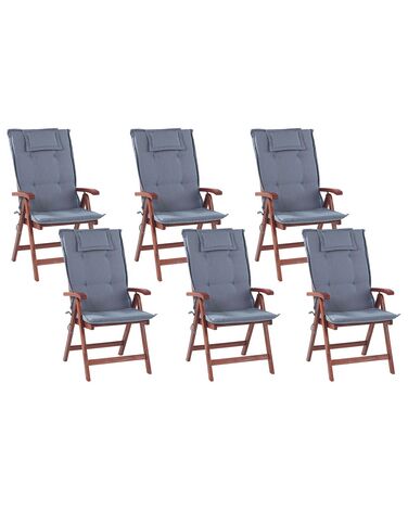 Conjunto de 6 sillas de jardín de madera de acacia con cojines azules TOSCANA