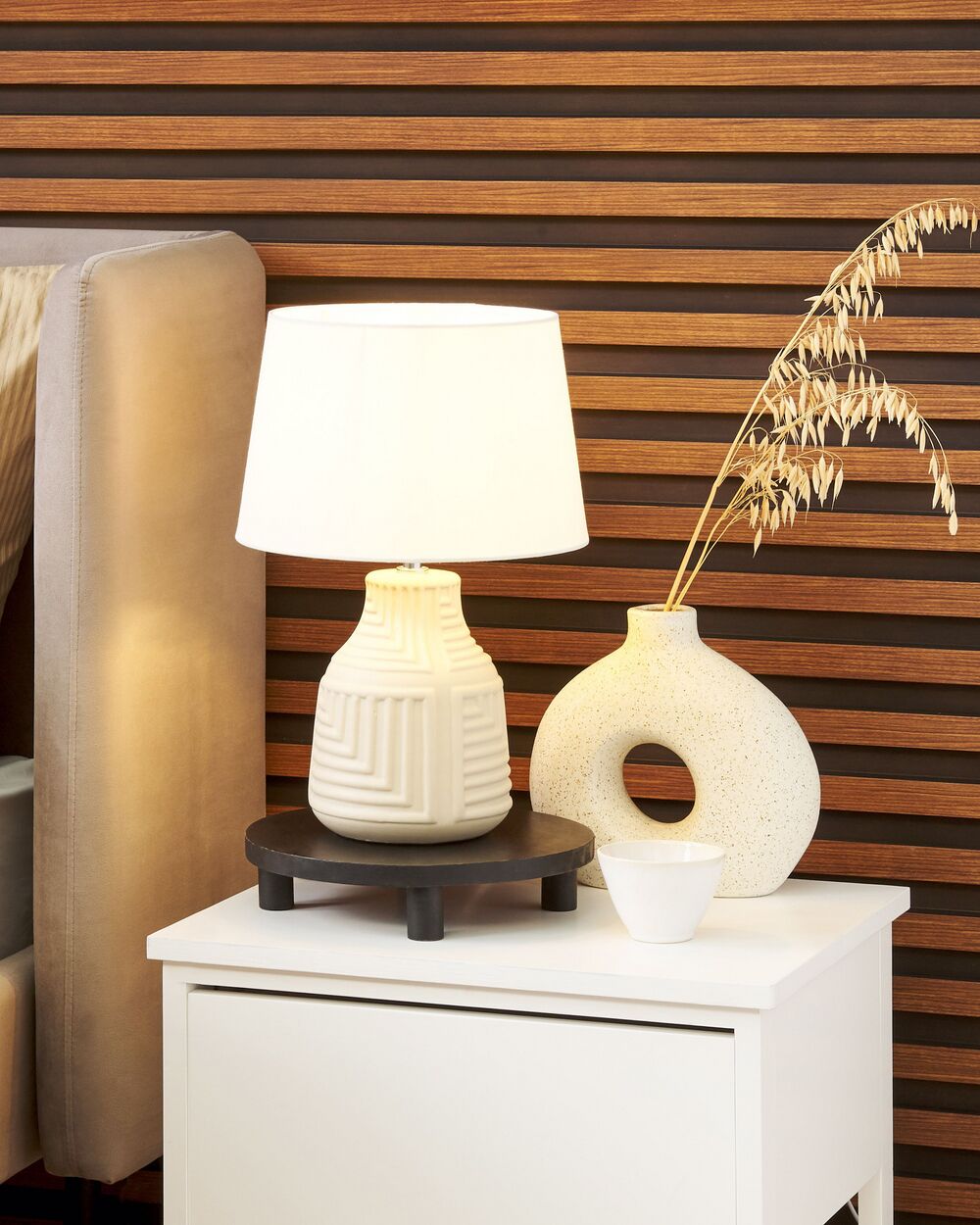 Lampe à poser Zen abat-jour beige, céramique, 46cm