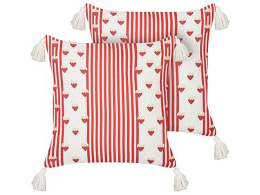 Set of 2 Cotton Cushions Hearts Motif 45 x 45 cm White and Red BANKSIA
