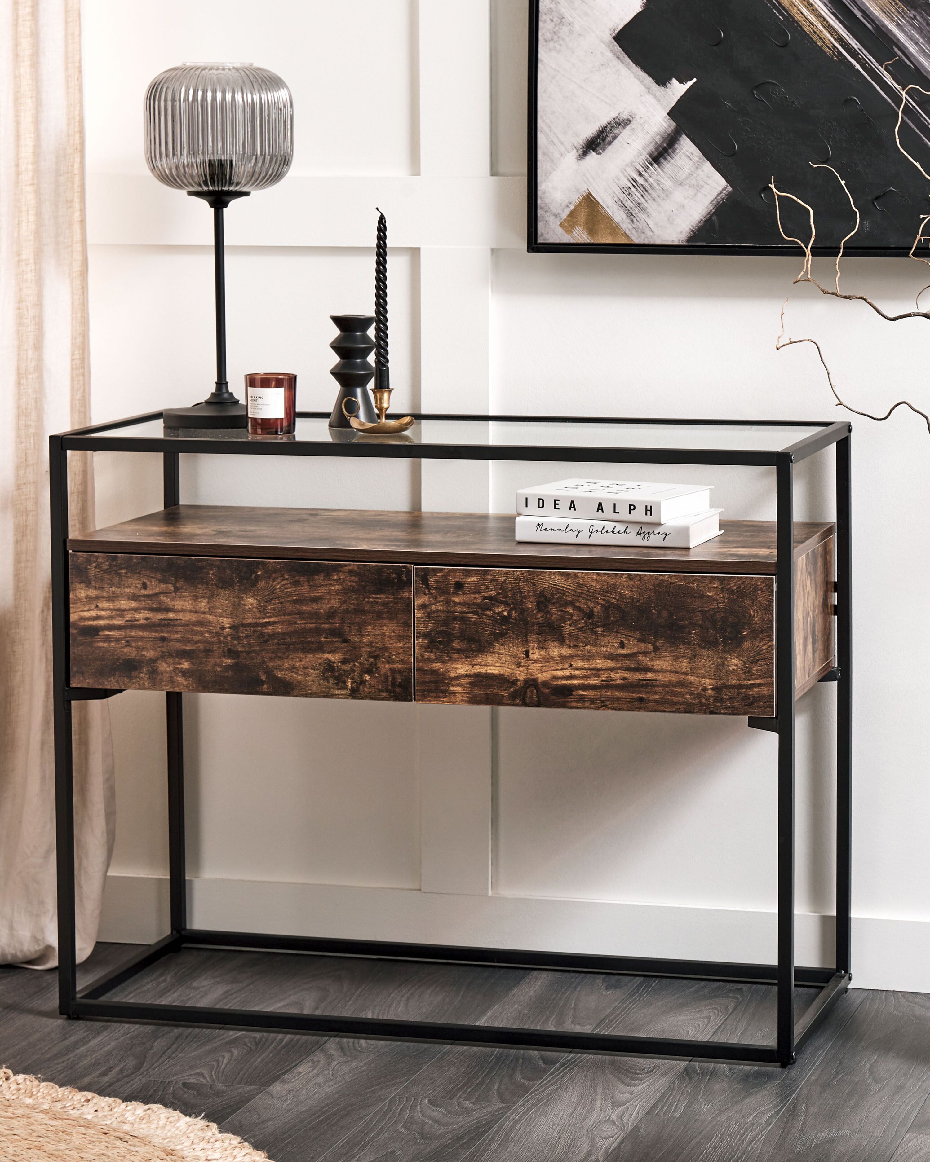 2 Drawer Glass Top Console Table Dark Wood and Black MAUK Beliani.co.uk