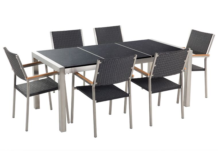 Table de jardin plateau granit noir poli 180 cm 6 chaises en rotin GROSSETO_465033