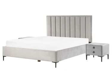Ensemble de chambre en velours gris clair avec lit coffre 160 x 200 cm SEZANNE