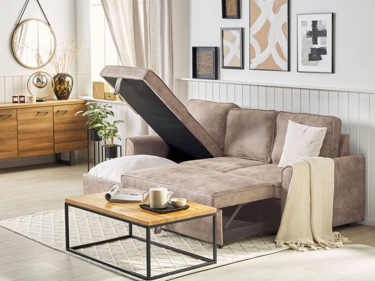 Right Hand Faux Leather Corner Sofa Bed with Storage Brown NESNA