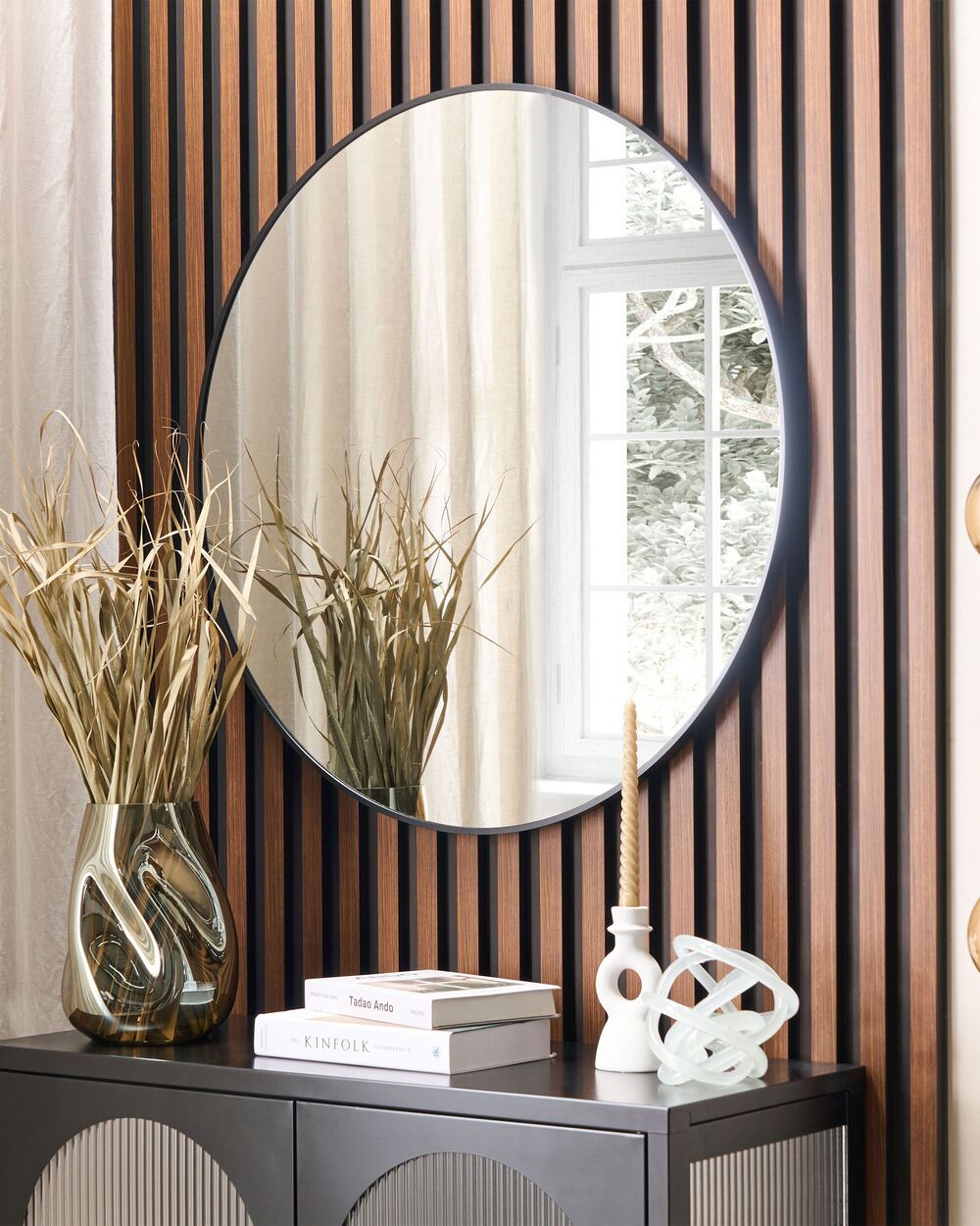 Miroir mural décoratif rond en bois foncé tressé