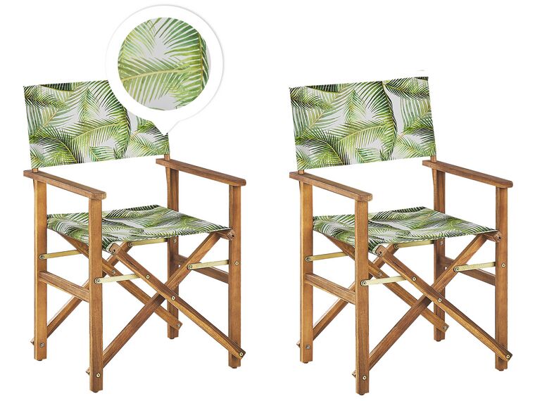 Set of 2 Acacia Folding Chairs and 2 Replacement Fabrics Light Wood with Off-White / Tropical Leaves Pattern CINE_819248