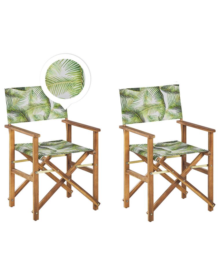 Set of 2 Acacia Folding Chairs and 2 Replacement Fabrics Light Wood with Off-White / Tropical Leaves Pattern CINE_819248