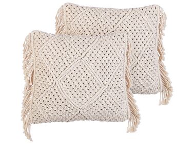 Set of 2 Cotton Macrame Cushions with Tassels 45 x 45 cm Beige BESHAM