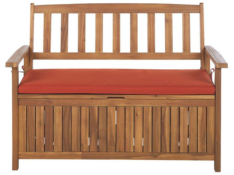 Acacia Wood Garden Bench with Storage 120 cm Light with Red Cushion SOVANA_807467