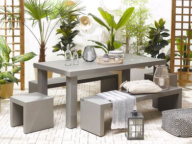 6 Seater Concrete Garden Dining Set U Shaped Benches and Stools Grey TARANTO