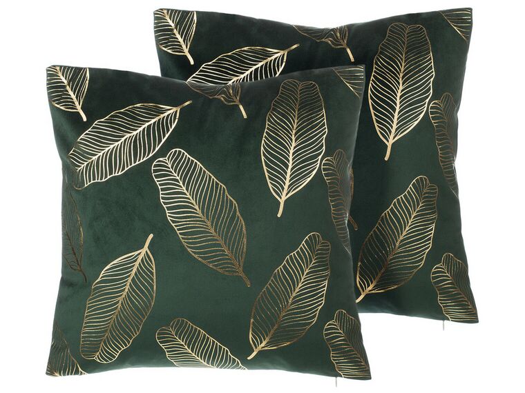 Set of 2 Velvet Cushions Leaf Pattern 45 x 45 cm Emerald Green FREESIA_769937