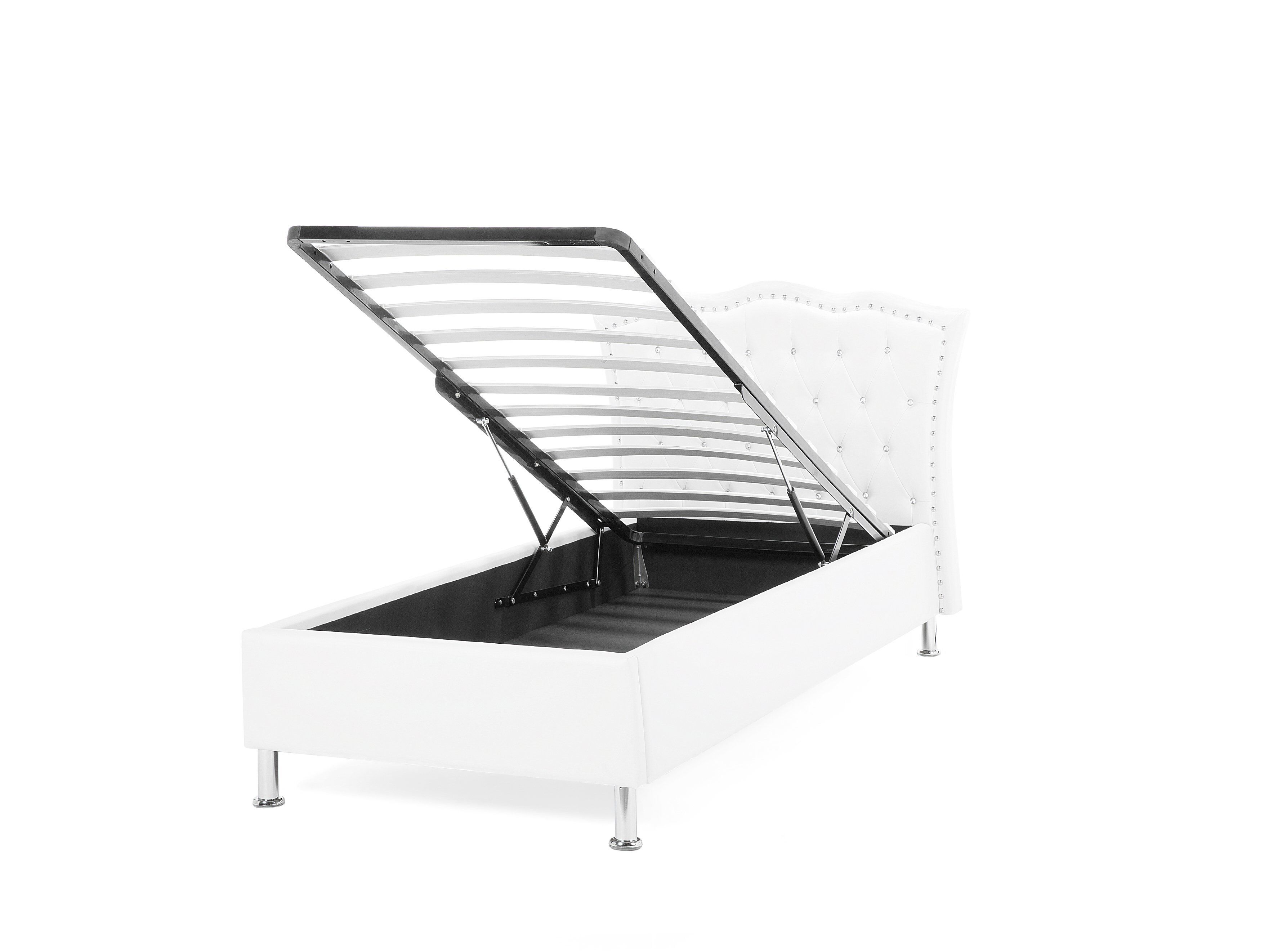 Bett Kunstleder Weiss Mit Bettkasten Hochklappbar 90 X 200 Cm Metz Beliani De Stauraumbett mattys aus kiefer massivholz mit schubladen. bett metz 90x200 storage weiss ch