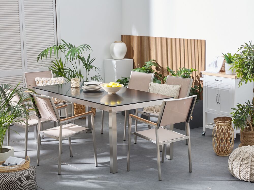 Set tavolo e sedie da giardino in vetro temperato nero e fibra tessile  beige tavolo 180 con 6 sedie GROSSETO 
