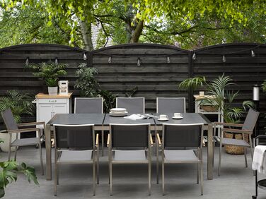 8 Seater Garden Dining Set Black Granite Triple Plate Top with Grey Chairs GROSSETO