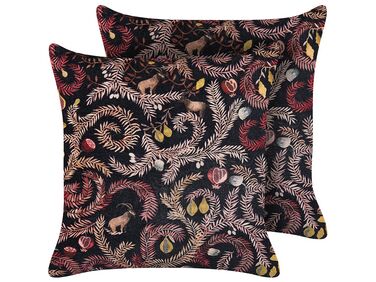 Set of 2 Velvet Cushions with Botanical Pattern 45 x 45 cm Black and Pink RICINUS