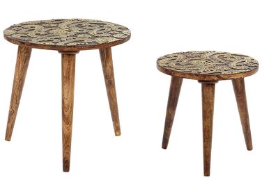 Conjunto de 2 mesas de apoio em madeira escura de mango e dourado CHANPI