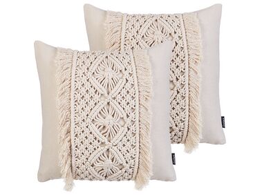 Set of 2 Cotton Macrame Cushions with Tassels 45 x 45 cm Beige KALAM