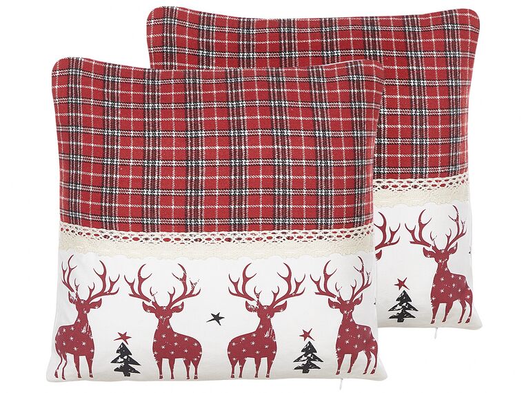 Set of 2 Cotton Cushions Reindeer Pattern 45 x 45 cm Red ROBBIE_814077