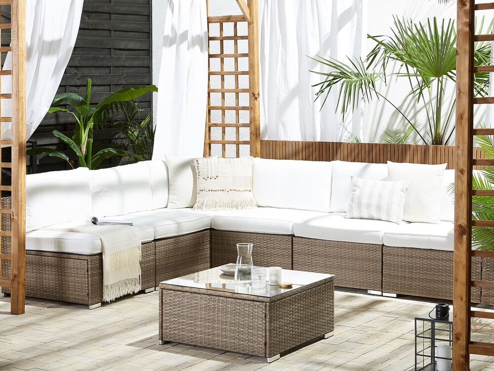 Lounge Set Rattan braun 6Sitzer Auflagen weiss BELVEDERE Beliani.ch