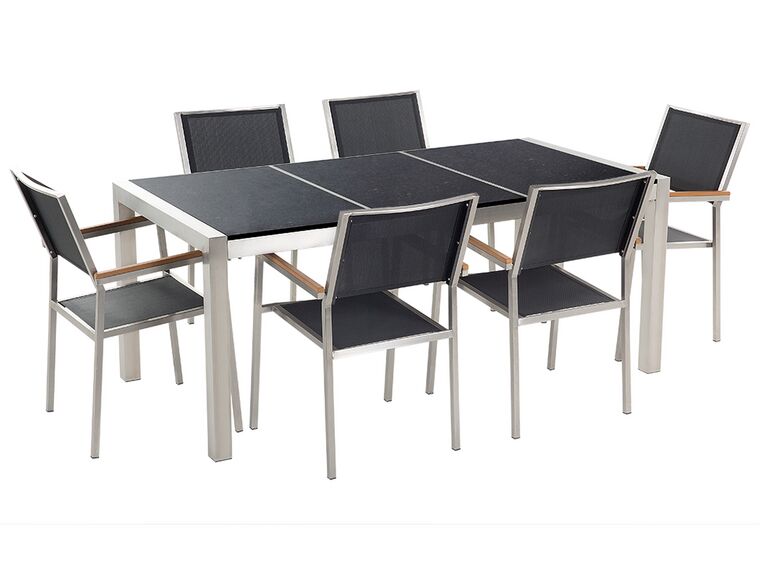 Conjunto de mesa com tampo triplo granito polido preto 180 x 90 cm e 6 cadeiras pretas GROSSETO_462619