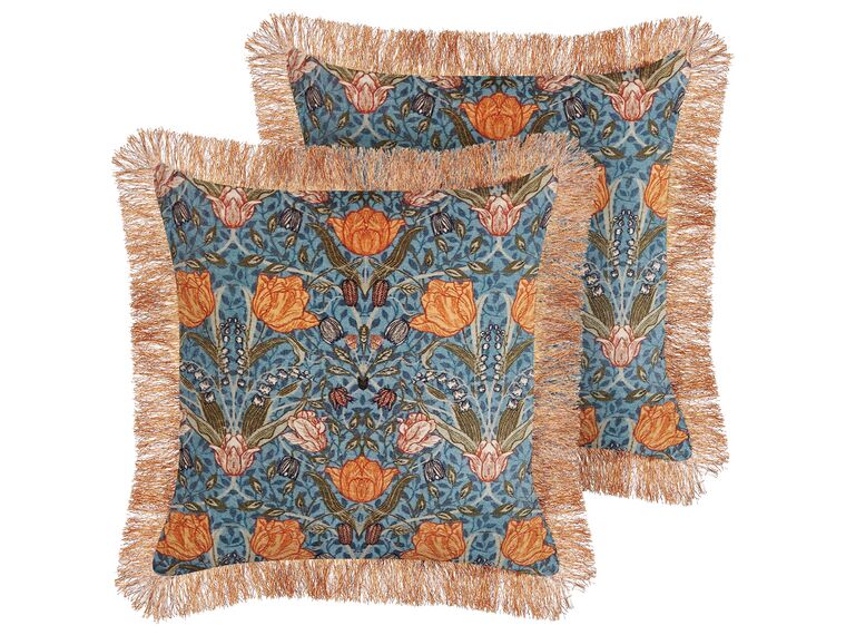 Set of 2 Velvet Fringed Cushions with Flower Pattern 45 x 45 cm Blue and Orange MITELLA_838740