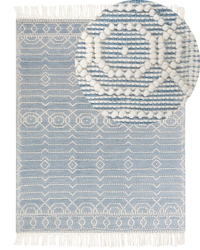 Teppich Wolle blau / weiß 160 x 230 cm Fransen Kurzflor ORHANELI_856515
