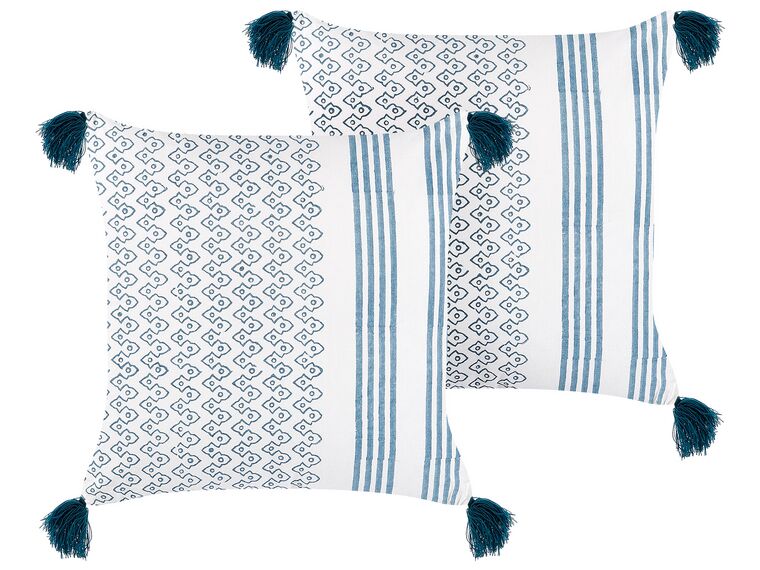 2 bomuldspuder geometrisk mønster med frynser 45 x 45 cm Hvid og blå TILIA_843289