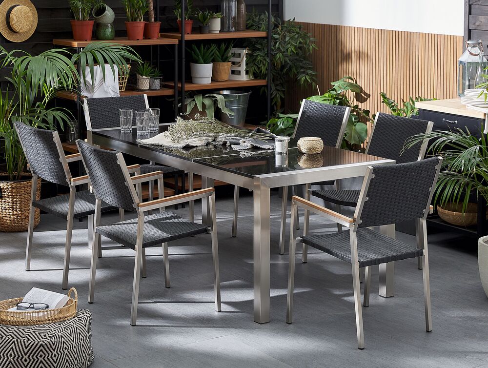 Table  de jardin  plateau granit  noir poli 180 cm 6 chaises   Table  de jardin  plateau granit  noir poli 180 cm 6 chaises