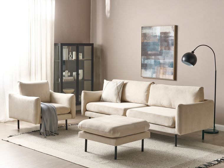 Velvet Living Room Set with Ottoman Light Beige VINTERBRO Beliani.nl